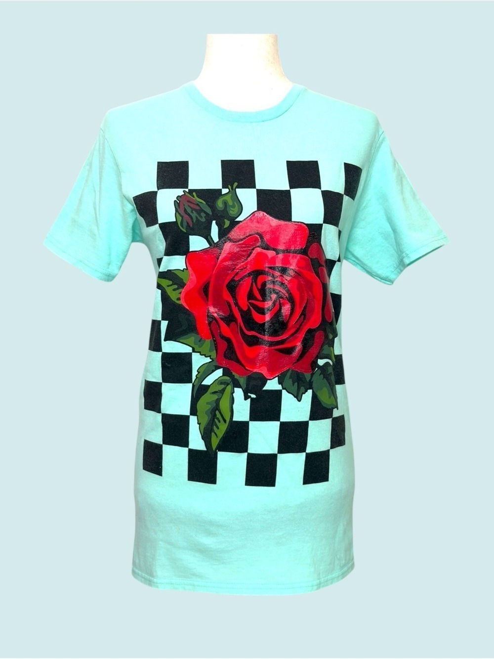 90s Red Rose Checkerboard Rubberized Graphic Tee S Teal Cyber Y2K Indie Sleaze - Picture 3 of 7